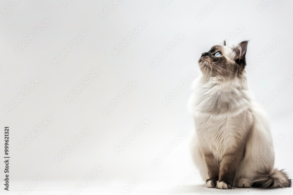 Obraz premium A domestic cat sits on the floor gazing upwards