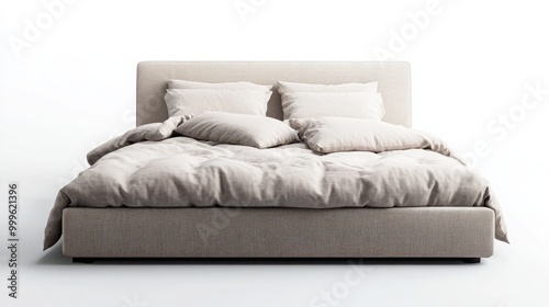 A neatly made bed with a thick comforter and a pair of matching pillows, isolated against a clean white background 