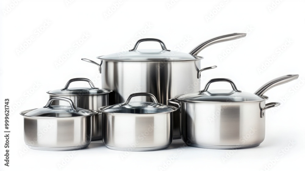 A set of stainless steel pots and pans stacked neatly, isolated on a white background A set of stainless steel pots and pans stacked neatly, isolated on a white background