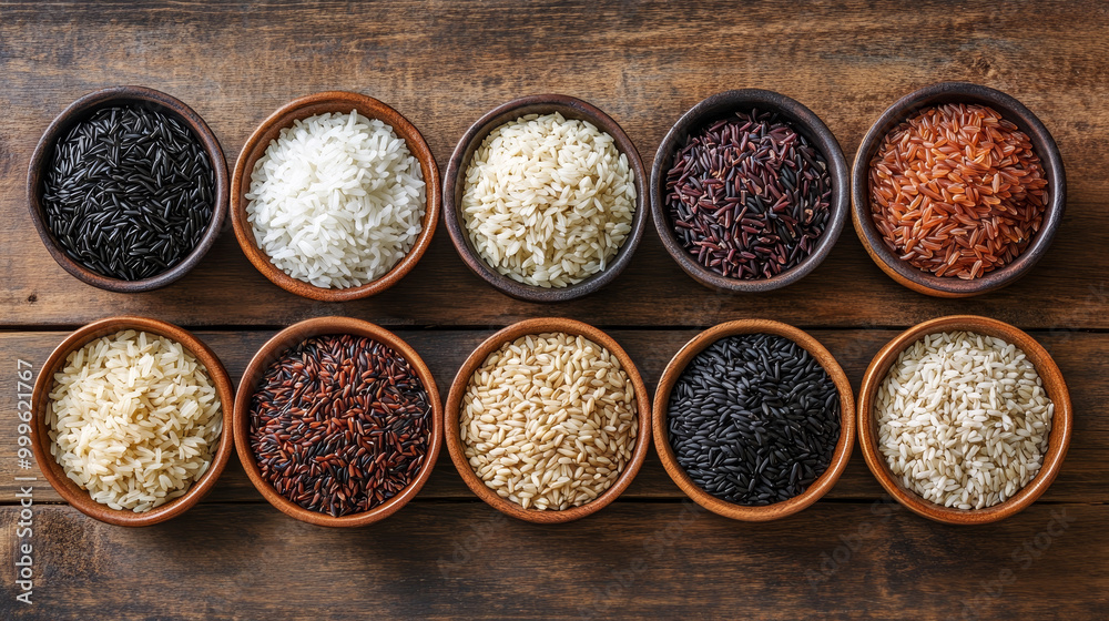 A selection of rice varieties, including white, brown, mixed grain, black, and red rice, displayed in bowls on a wooden background from a top view.
A selection of rice varieties, including white, brown, mixed grain, black, and red rice, displayed in bowls on a wooden background from a top view.