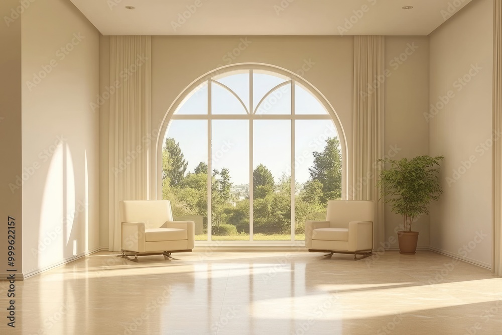 Fototapeta premium Beige Living Room with Arch Window: Modern Interior Design and Furniture Elements
