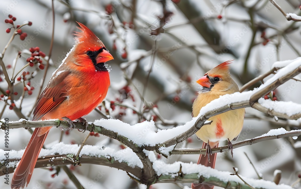 cardinals perched on snow-covered branches, a winter landscape with detailed feathers of the red birds in a natural setting cardinals perched on snow-covered branches, a winter landscape with detailed feathers of the red birds in a natural setting