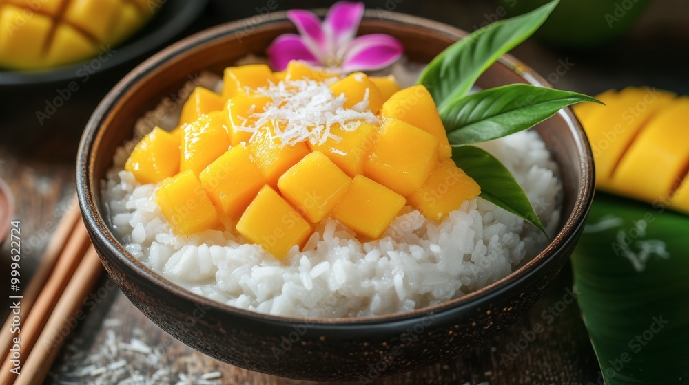 A bowl of diced mango served with sticky rice and coconut milk, a traditional Thai dessert displayed beautifully. A bowl of diced mango served with sticky rice and coconut milk, a traditional Thai dessert displayed beautifully.