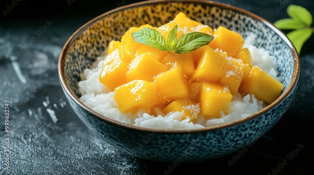 A bowl of diced mango served with sticky rice and coconut milk, a traditional Thai dessert displayed beautifully. A bowl of diced mango served with sticky rice and coconut milk, a traditional Thai dessert displayed beautifully.