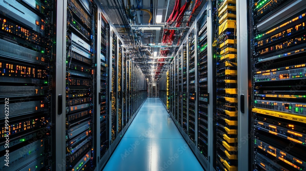 Fototapeta premium Modern Data Center with Organized Server Racks, Displaying Complexity of IT Infrastructure and Efficient Cooling Systems for Optimal Performance