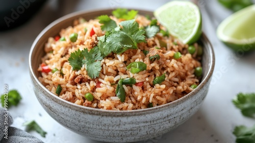 A bowl of fried rice with minced pork and a hint of fish sauce, topped with fresh cilantro and lime wedges for garnish.