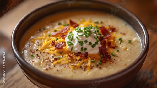 A bowl of loaded potato soup, topped with shredded cheese, bacon, and a dollop of sour cream, with a sprinkle of chives.