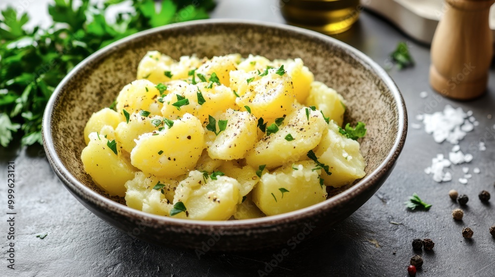 A bowl of smashed potatoes, drizzled with olive oil and sprinkled with sea salt and black pepper, garnished with parsley. A bowl of smashed potatoes, drizzled with olive oil and sprinkled with sea salt and black pepper, garnished with parsley.