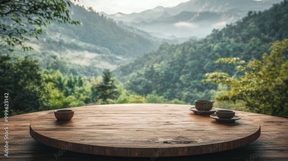 A serene wooden table overlooks lush green mountains and misty valleys, offering a tranquil outdoor dining experience. A serene wooden table overlooks lush green mountains and misty valleys, offering a tranquil outdoor dining experience.