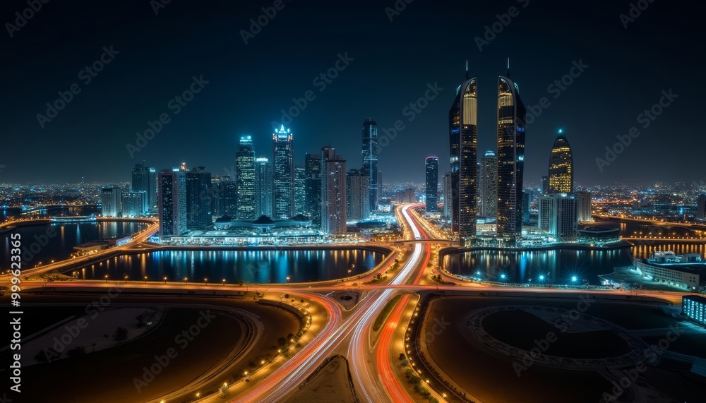 Obraz premium Bright city lights illuminate the night skyline
