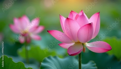 Obraz na płótnie Elegance in bloom A single pink lotus flower in a field of green w salonie