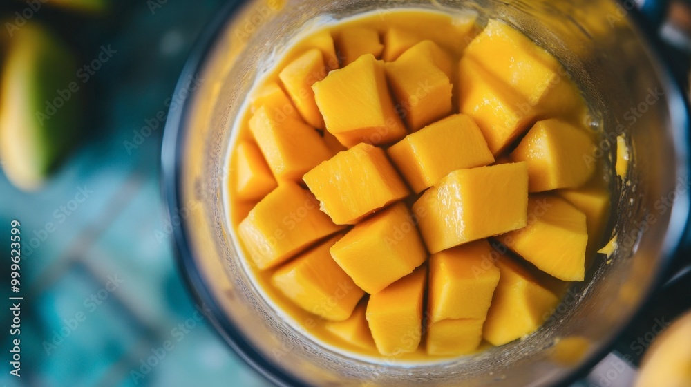 A close-up of a blender filled with fresh mango chunks, ready to be mixed into a smoothie. A close-up of a blender filled with fresh mango chunks, ready to be mixed into a smoothie.