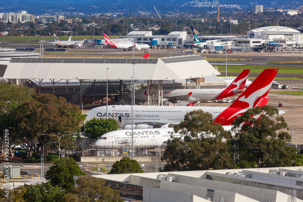 Qantas passenger and cargo planes parked at Sydney International