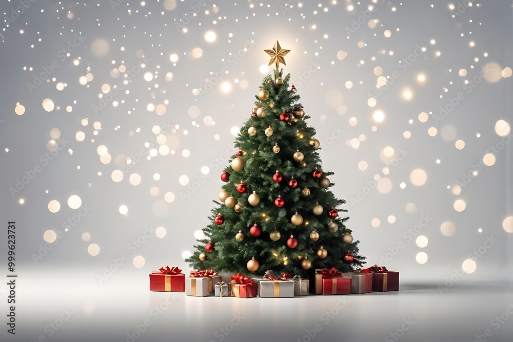 Glowing Christmas Tree Adorned with Ornaments in the Corner of the Image Glowing Christmas Tree Adorned with Ornaments in the Corner of the Image