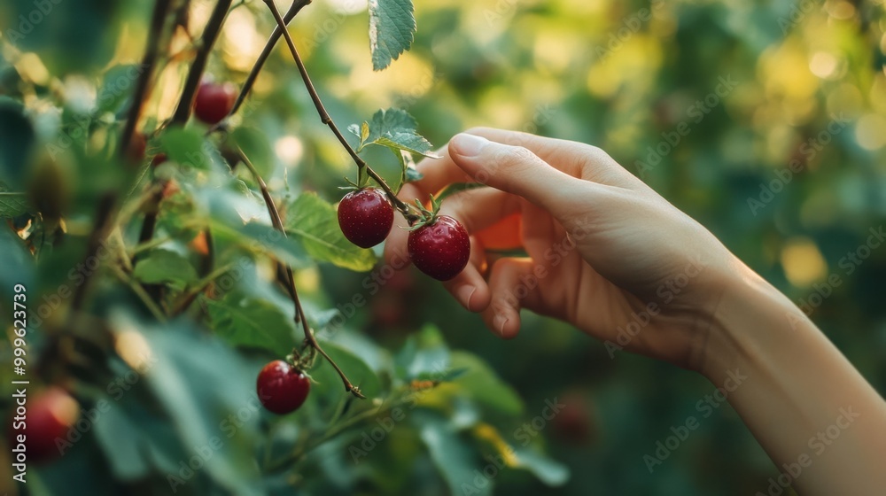 A close-up of a hand reaching for a ripe red ground fruit on a vine, with blurred greenery in the background, capturing the anticipation of harvest time. A close-up of a hand reaching for a ripe red ground fruit on a vine, with blurred greenery in the background, capturing the anticipation of harvest time.