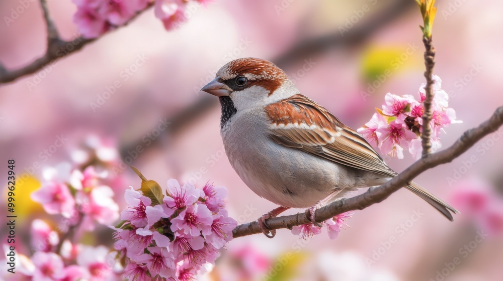 Fototapeta premium A close-up of a sparrow with its delicate features, sitting on a blooming cherry blossom branch in spring.