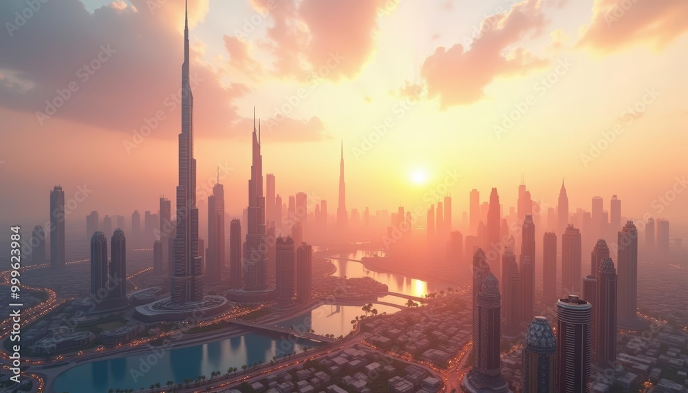 Fototapeta premium Cityscape at sunrise with skyscrapers and a river reflecting the suns rays