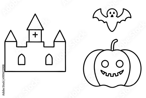 Halloween icon set . Pumpkin, Ghost, Bat, Grave, Vampire, Amazing Castle Black Icon for October 31 celebration. Spooky horror outline pictogram. Editable stroke. Vector illustration. photo