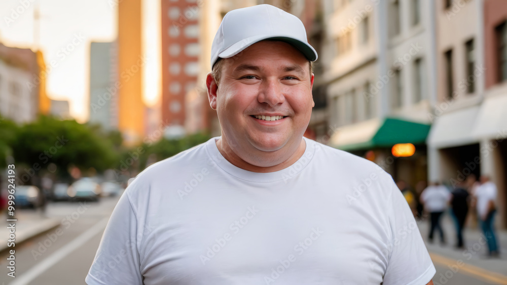 Plus size man wearing white t-shirt and white baseball cap standing on the street Plus size man wearing white t-shirt and white baseball cap standing on the street