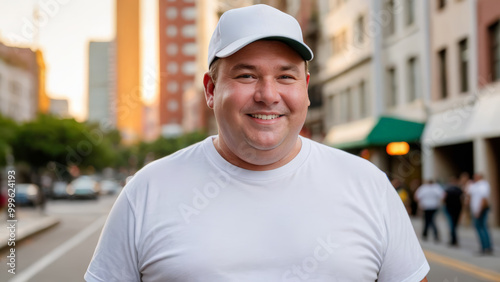 Plus size man wearing white t-shirt and white baseball cap standing on the street