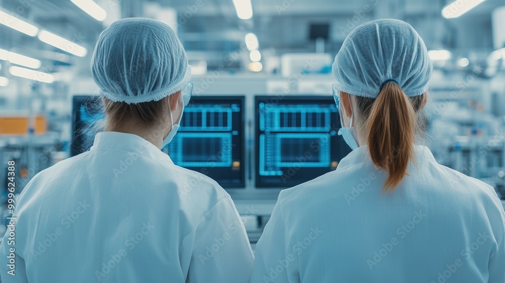 Obraz premium Scientists observe data on monitors in a modern laboratory environment.