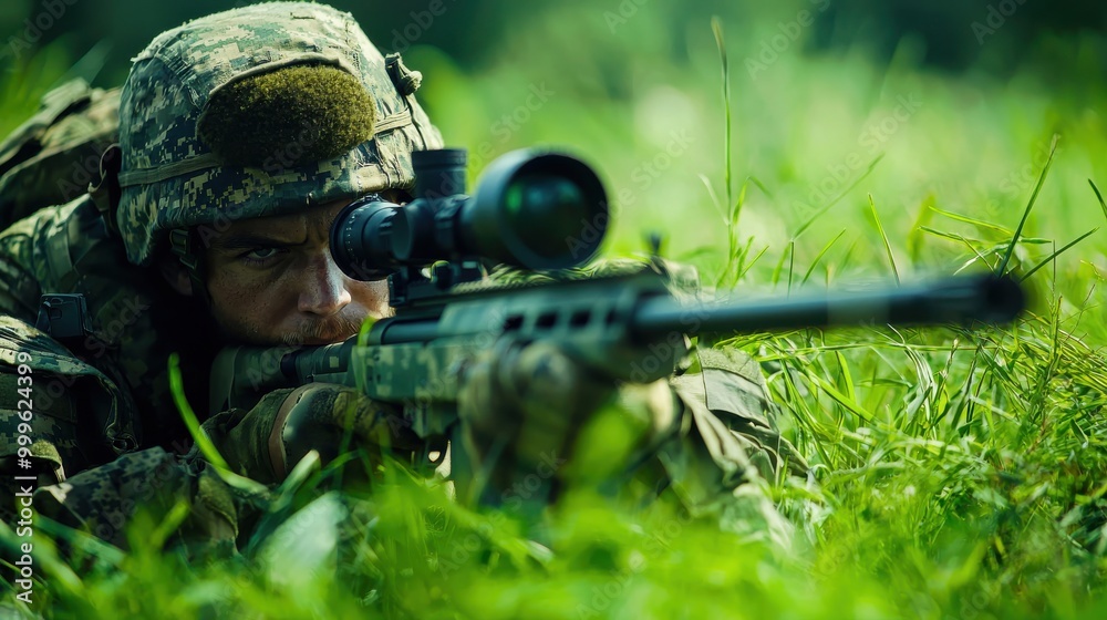 An army sniper positioned low in the grass, carefully aiming a long-range rifle, camouflaged and blending seamlessly into the natural environment for stealth and precisio An army sniper positioned low in the grass, carefully aiming a long-range rifle, camouflaged and blending seamlessly into the natural environment for stealth and precisio