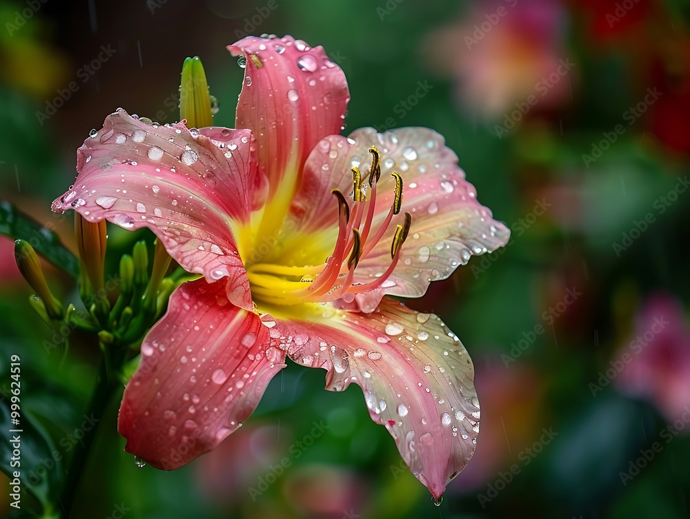 Fototapeta premium Pink Periwinkle flower with water drops on the petals.