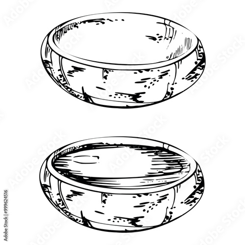 Ceramic plate dish bowl for hobby, handmade, food, empty and filled. Hand drawn in vector pen and ink. Illustration for pottery shop logo, art class, print, website, restaurant or cafe menu, booklet.