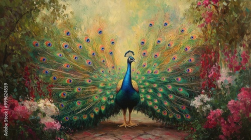 A colorful peacock spreading its vibrant, iridescent feathers in full display, standing proudly in a lush garden.