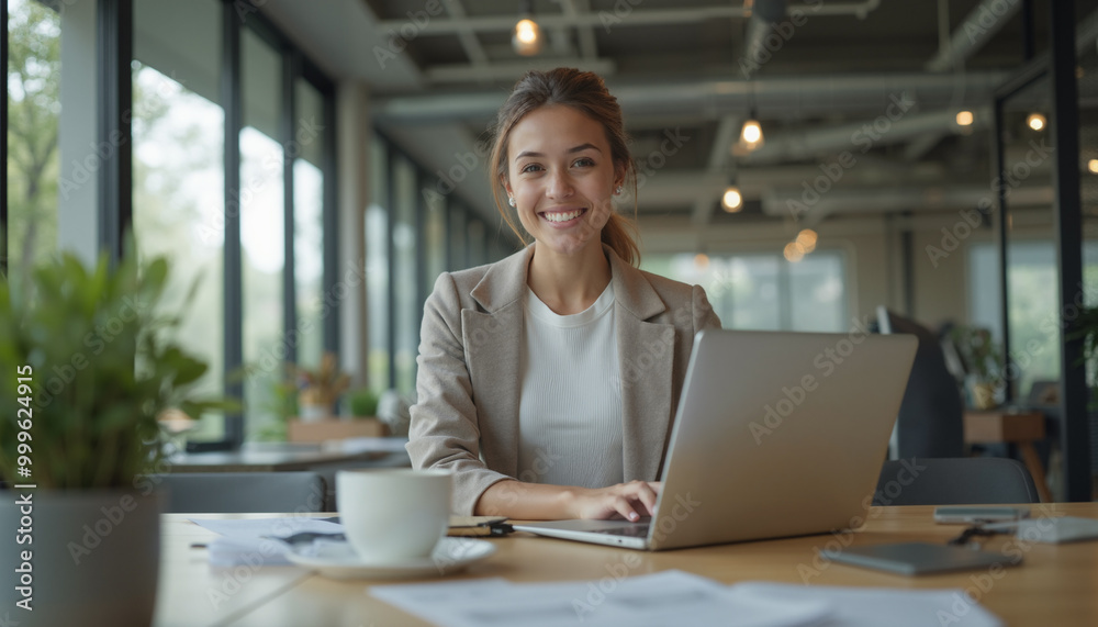 Young woman in a shirt sweater working in office. Female in casual clothing typing on a laptop. Blurred background. Young woman in a shirt sweater working in office. Female in casual clothing typing on a laptop. Blurred background.