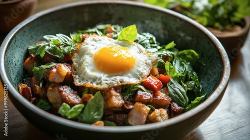 A delicious plate of fried basil with crispy pork belly, topped with a sunny-side-up egg and garnished with fresh herbs.