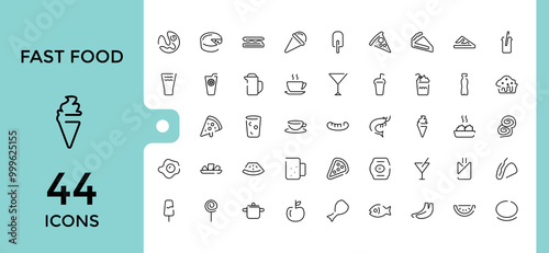 Fast Food Icons set. modern thin line restaurant menu related icons collection, French fries, desserts, burger, and more. Vector illustration, Pixel perfect.