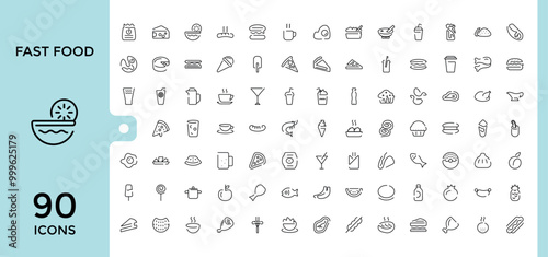Fast Food Icons set. modern thin line restaurant menu related icons collection, French fries, desserts, burger, and more. Vector illustration, Pixel perfect.