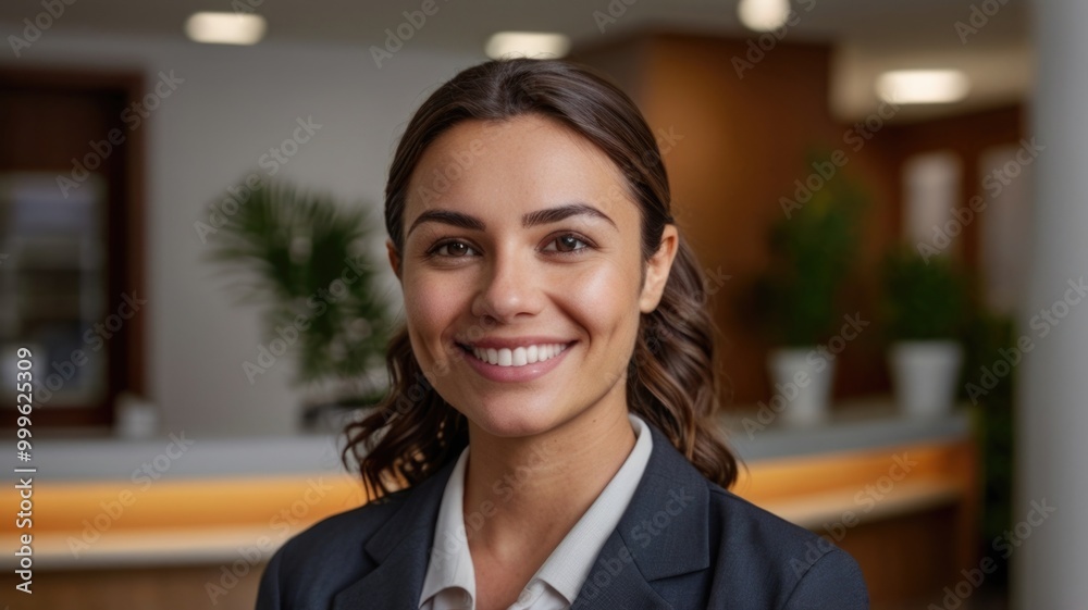 Happy hotel receptionist looking at the camera Happy hotel receptionist looking at the camera
