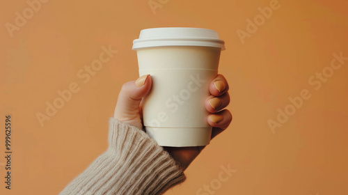 Large copy space with female hand holding takeaway cup. AI generative. photo