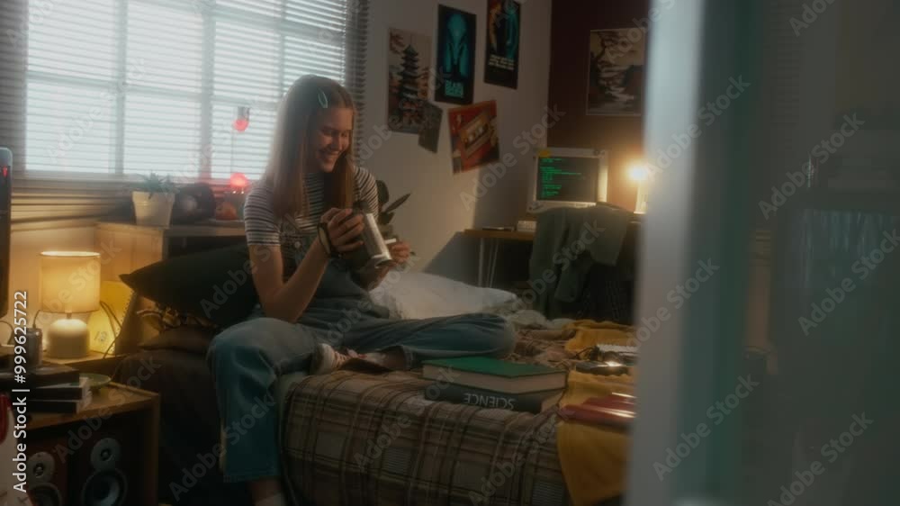 Full handheld shot of cheerful gen Y Caucasian teenage girl in denim jumpsuit sitting in bed and watching videos on retro vhs camera in decorated bedroom, 90s aesthetics Full handheld shot of cheerful gen Y Caucasian teenage girl in denim jumpsuit sitting in bed and watching videos on retro vhs camera in decorated bedroom, 90s aesthetics
