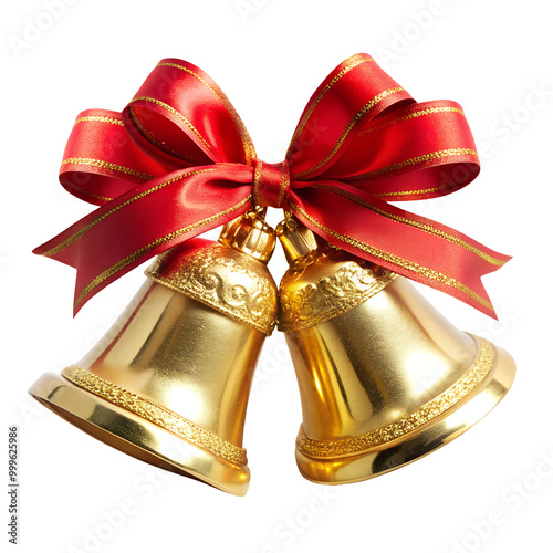 Golden Christmas Bells with Red Velvet Ribbon, isolated on white transparent background, png element. Elegant golden Christmas bells perfect for holiday decorations, festive design
