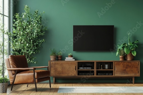 Modern Living Room Interior with Green Wall, TV Cabinet, and Leather Armchair