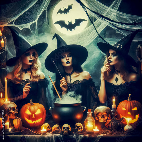 witches at a cauldron, casting spells, preparing a mysterious potion, an atmosphere of magic and horror, witchcraft paraphernalia in the form of candles, pumpkin masks, cobwebs, and bats photo