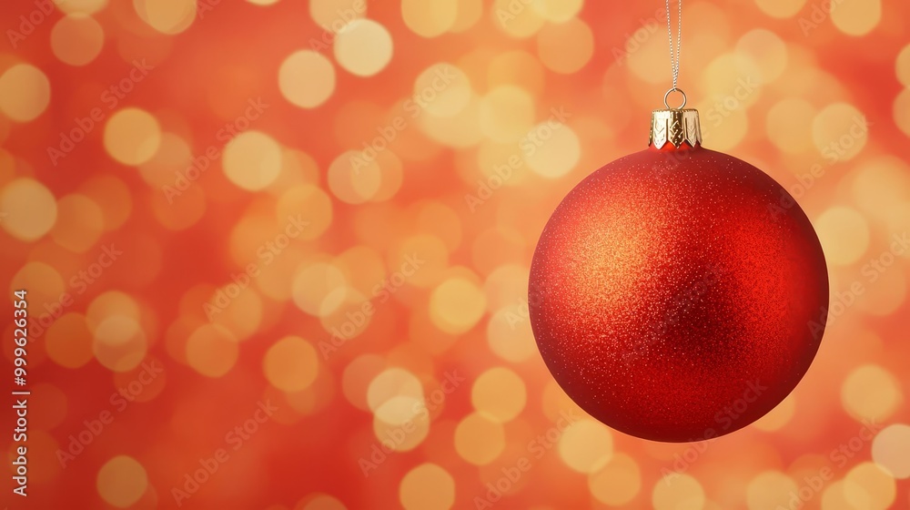 Red Christmas ornament hanging against a festive bokeh background. Red Christmas ornament hanging against a festive bokeh background.