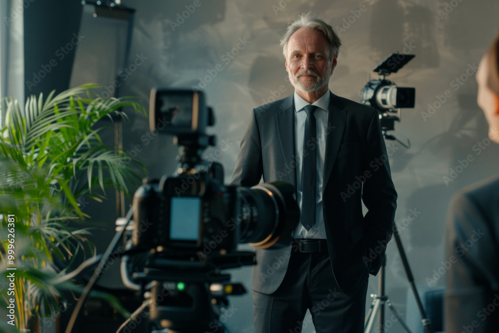Capturing a middle-aged man in a suit during a video recording, showcasing emotion and technology. AI generative. Capturing a middle-aged man in a suit during a video recording, showcasing emotion and technology. AI generative.