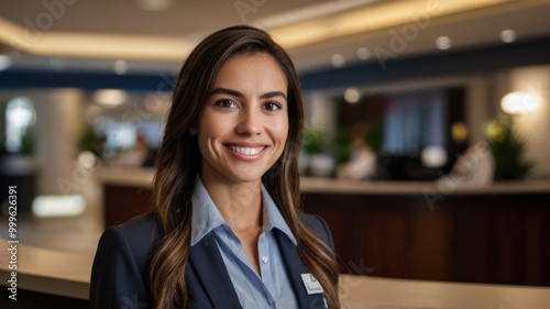 Happy hotel receptionist looking at the camera