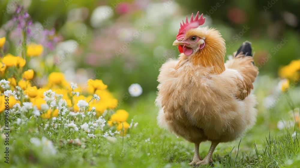 Fototapeta premium A fluffy Frizzle chicken with its unusual, curled feathers, walking through a yard filled with spring flowers.
