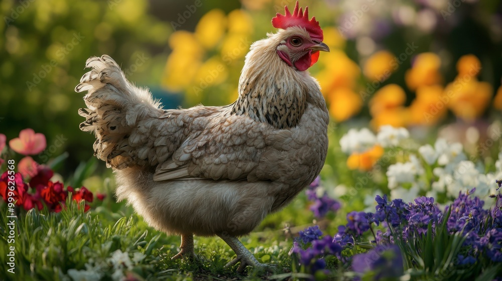 A fluffy Frizzle chicken with its unusual, curled feathers, walking through a yard filled with spring flowers. A fluffy Frizzle chicken with its unusual, curled feathers, walking through a yard filled with spring flowers.