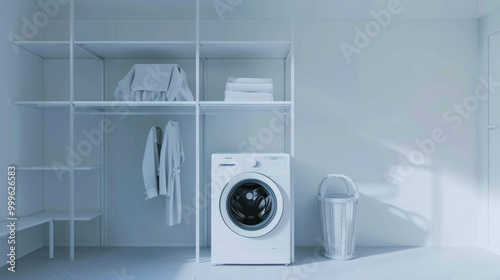 A modern laundry room with a white metal washing machine highlights efficient organization and minimalism. AI generative.