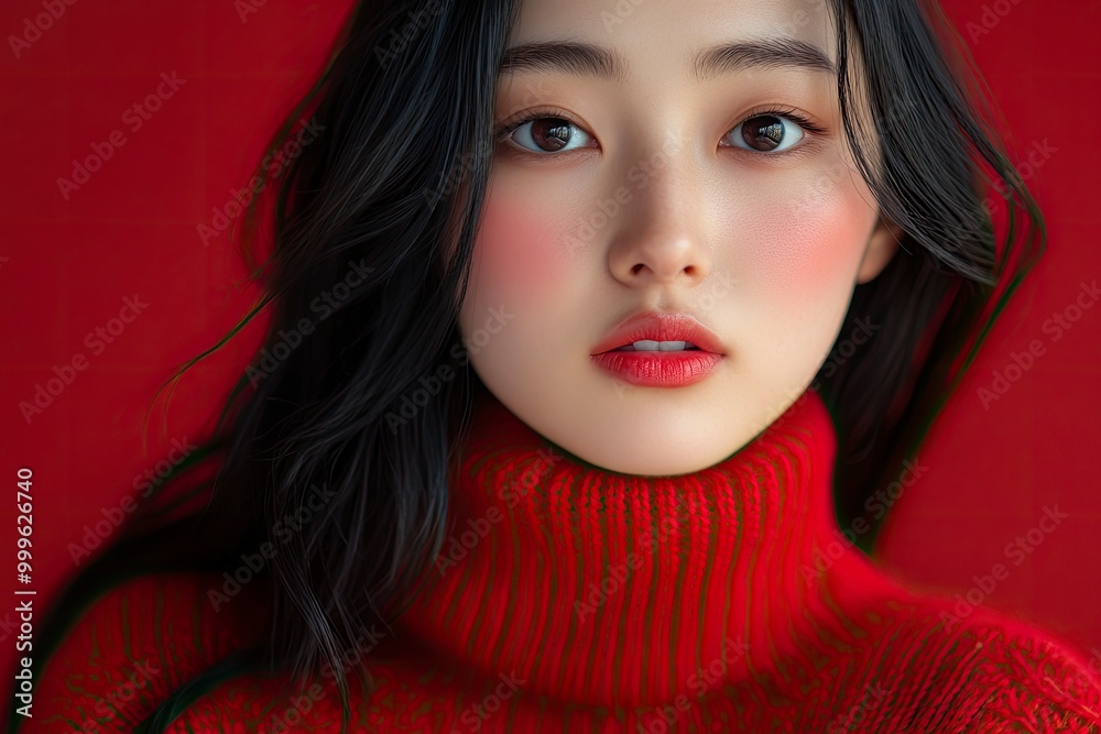Beauty portrait of young Asian woman in red knit with generative ai Beauty portrait of young Asian woman in red knit with generative ai