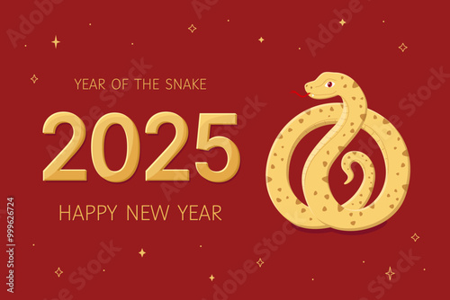 Happy year of the snake 2025. Festive cute vector illustration. Gold snake on red background. Lunar new year of the snake, symbol of the year. Design of background, card, calendar, sticker