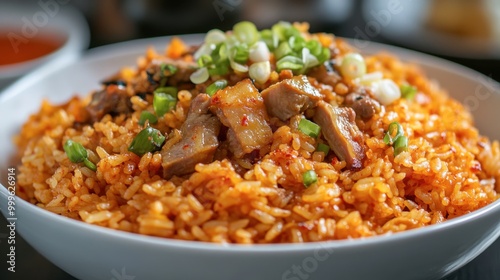 A fusion dish of fried rice with kimchi and pork belly, the tangy kimchi adding a unique flavor to the rice.