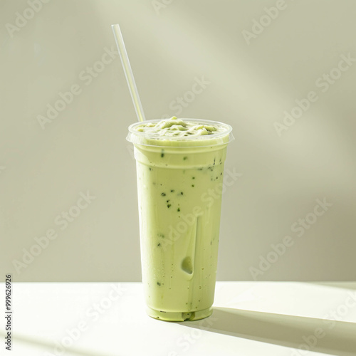 Avocado smoothie in a tall plastic cup, healthy and creamy. AI generative. photo