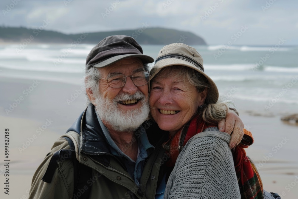 A couple standing together on a beach with the ocean in the background A couple standing together on a beach with the ocean in the background